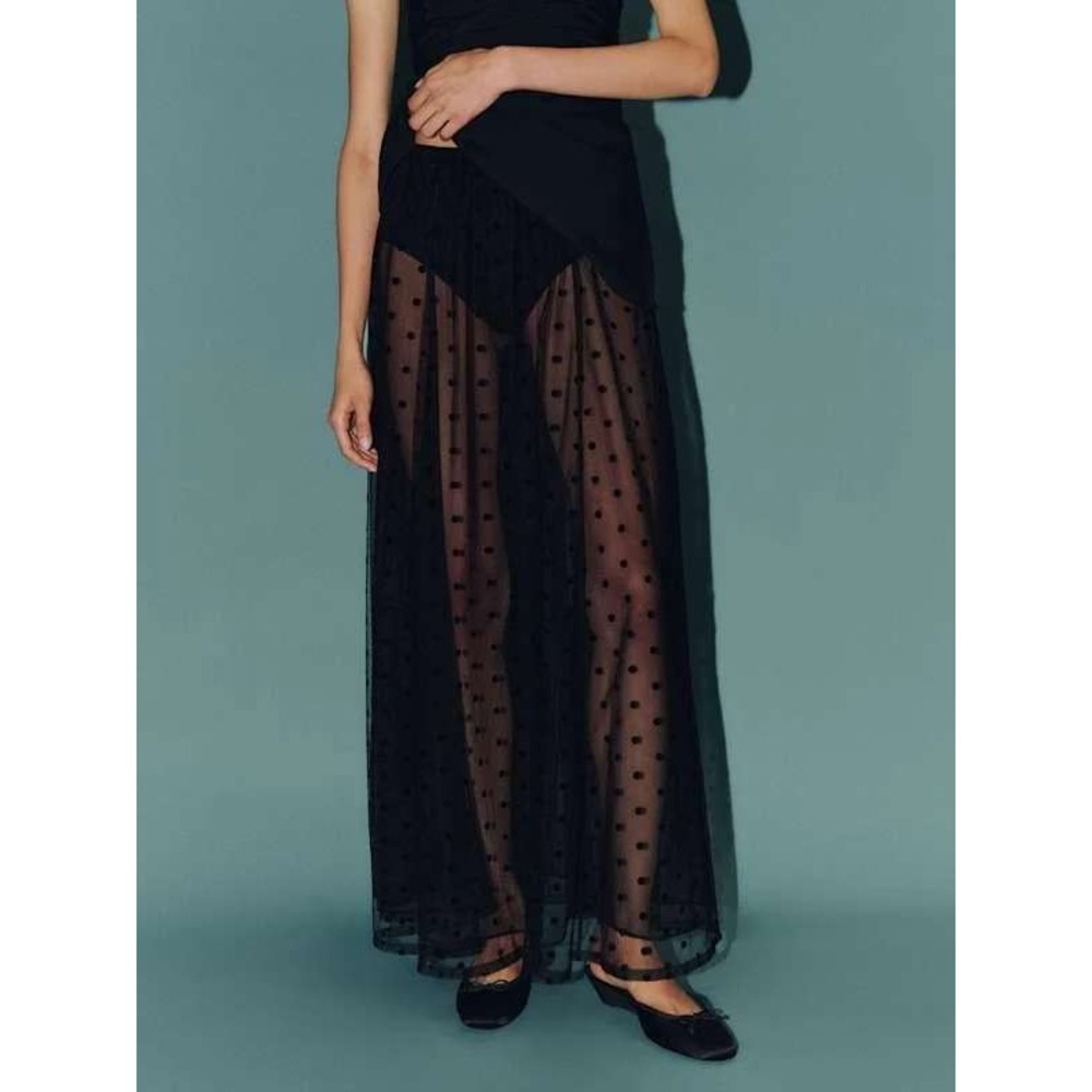 Reformation Black Polka Dot Sheer Maxi Skirt